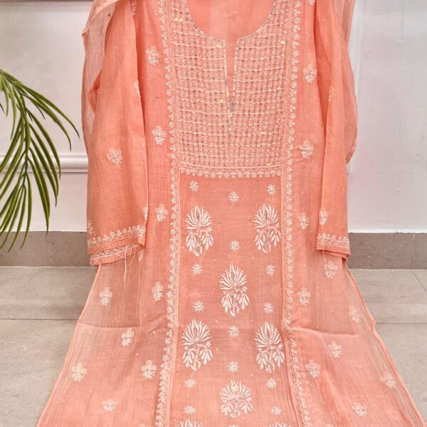 Hand Embroidered Pure Soft Mul Semi stitched Suit Piece Kurta & Dupatta set with Colour - Pastel Peach