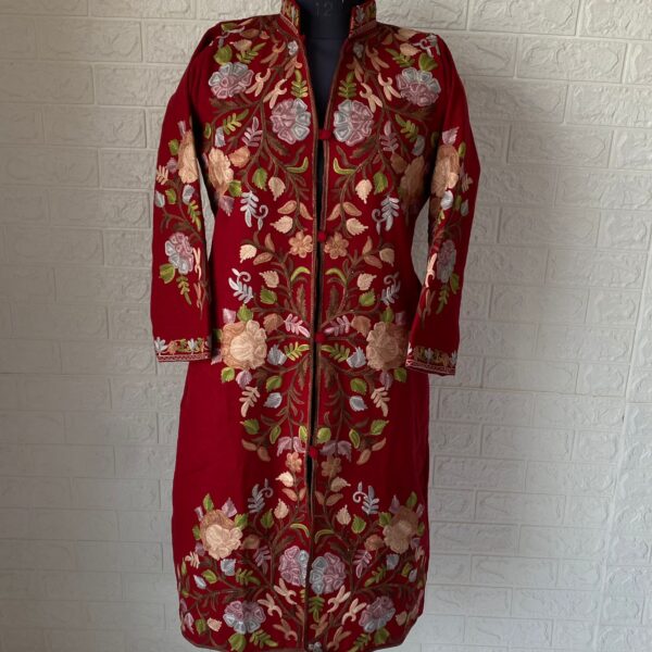 Mahroon Kashmiri Long Coat with Floral Jaal Embroidery