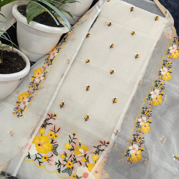 Kota-Doria Unstitched Suit with Colorful Embroidey Work