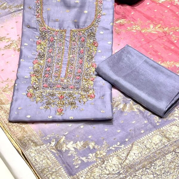 Handwork Embroidery Viscose Organza Booti Shirt Banarsi  nd Dupatta With Plain Silk Bottom