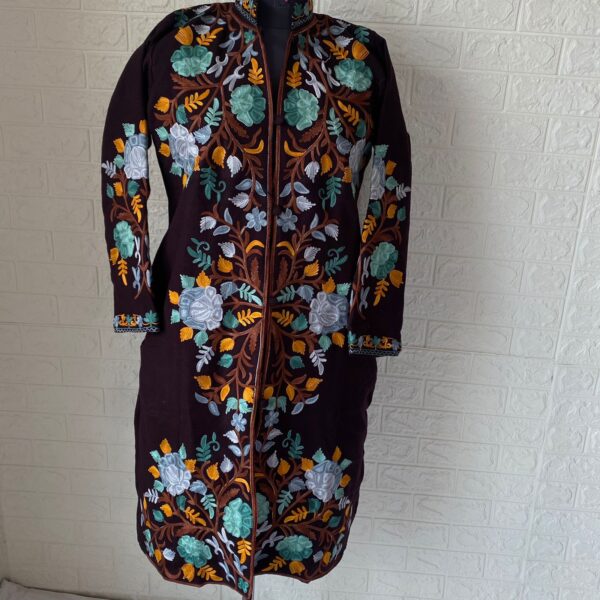 Navy Blue Kashmiri Long Coat with Floral Jaal Embroidery