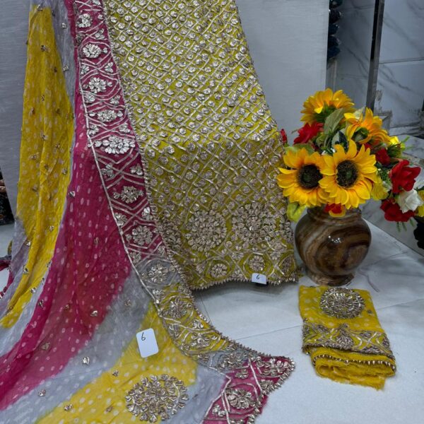 BANDHNI GOTTA SLEEVES WORK GEORGETTE SUITS YELLOW PINK & GREY -29LOK