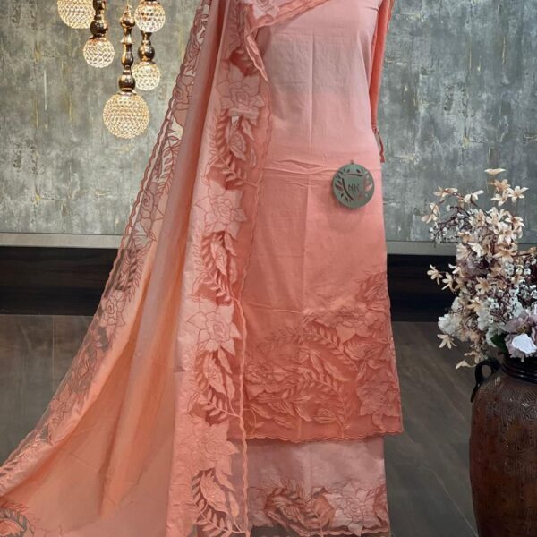 COTTON CUTWORK DESIGNER DOUBLE SHADE SUITS IN PEACH COLOR
