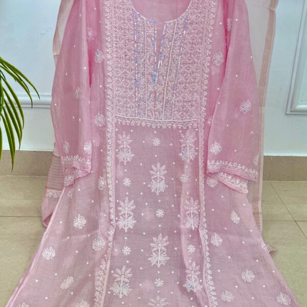 Hand Embroidered Pure Soft Mul Semi stitched Suit Piece Kurta & Dupatta set with Colour - Baby Pink