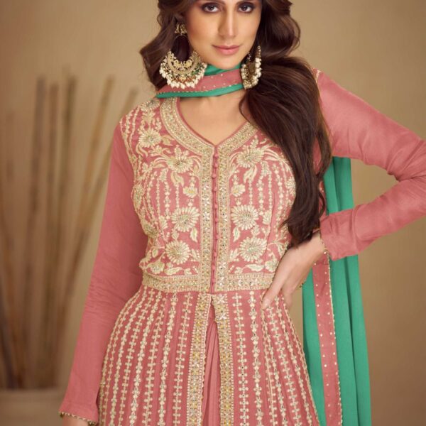 DESIGNER CHINON FULL STITCH PREMIUM SHARARA SALWAR SUIT IN PINK