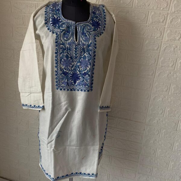 Kashmiri Aari work White kurti with Blue Embroidery