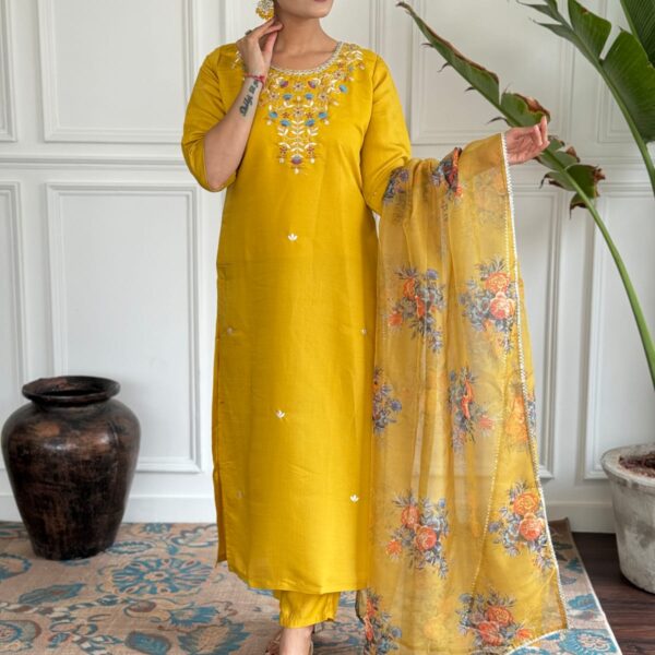 Silk With Embroidery Neck Work Suit