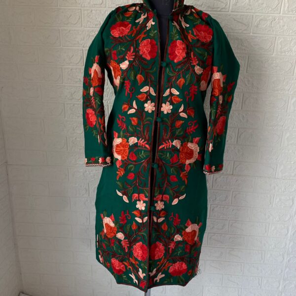 Sea Green Kashmiri Long Coat with Floral Jaal Embroidery