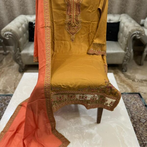 Pure pashmina embroidered top with embroidery sleeves, pashmina bottom n organz dupp with embroidery 4 side borders