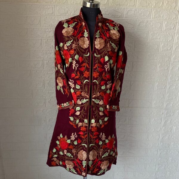Mahroon Kashmiri Long Coat with Floral Jaal Embroidery