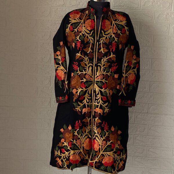 Black Kashmiri Long Coat with Floral Jaal Embroidery