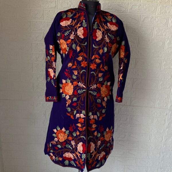Blue Kashmiri Long Coat with Floral Jaal Embroidery