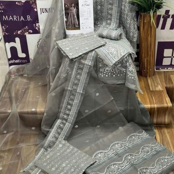 Wedding Embroidery Party Wear Suit In Gray Color