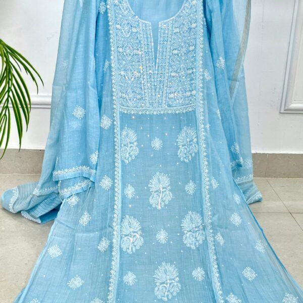 Hand Embroidered Pure Soft Mul Semi stitched Suit Piece Kurta & Dupatta set with Colour - Light Pastel Blue