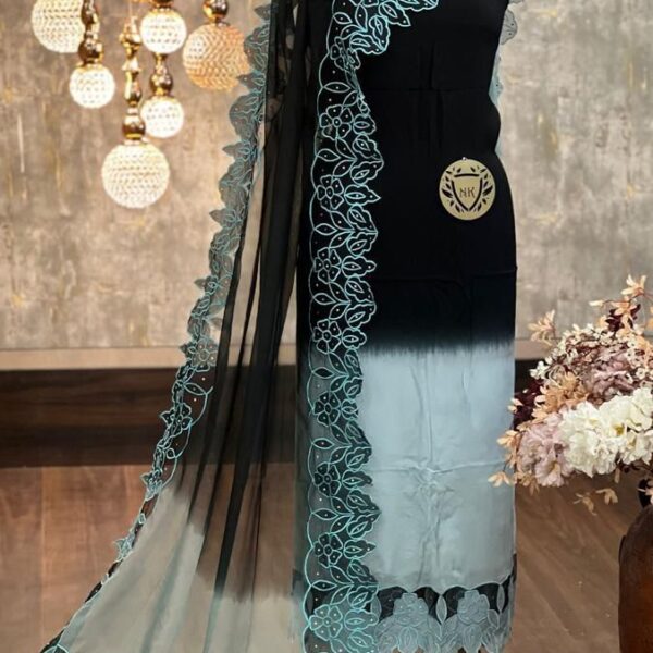 CUTWORK DESIGNER DOUBLE SHADE SUITS IN BLACK & STEEL GRAY