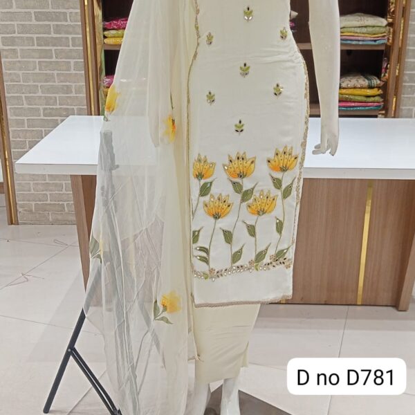 Imported soft organaza dress material with beautiful front hand work Original mirror work  Sleeves beautiful work