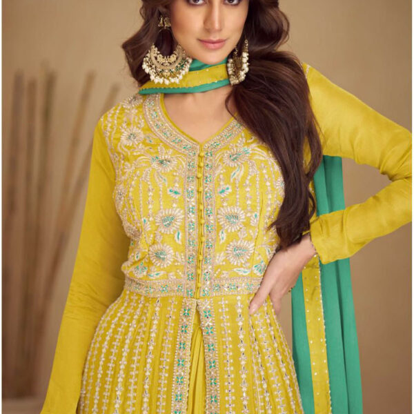 DESIGNER CHINON FULL STITCH PREMIUM SHARARA SALWAR SUIT IN YELLOW