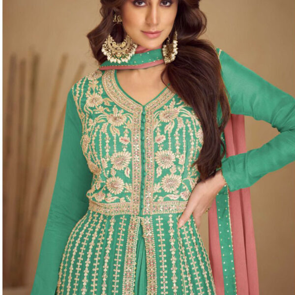 DESIGNER CHINON FULL STITCH PREMIUM SHARARA SALWAR SUIT IN SEA GREEN