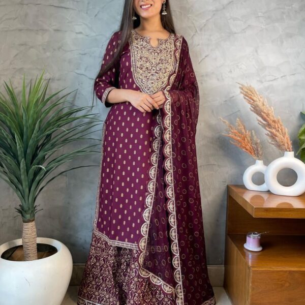 Beautiful Rayon Fabric  Printed Straight long Kurti  With Sharara Suit