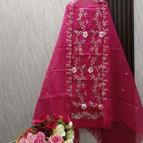 Kota-Doria Unstitched Suit with Colorful Jaal Embroidey Work