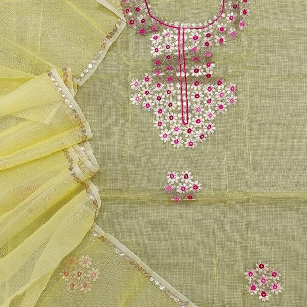 YELLOW KOTA DORIA GOTTA PATTI WORK SUITS   MATERIAL