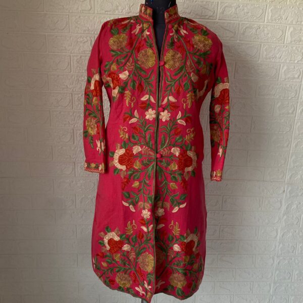 Peach Kashmiri Long Coat with Floral Jaal Embroidery