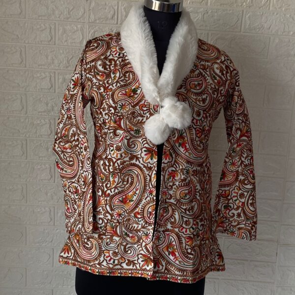 White Short Jacket Kashmiri Pure Wool Pattern Embroidery