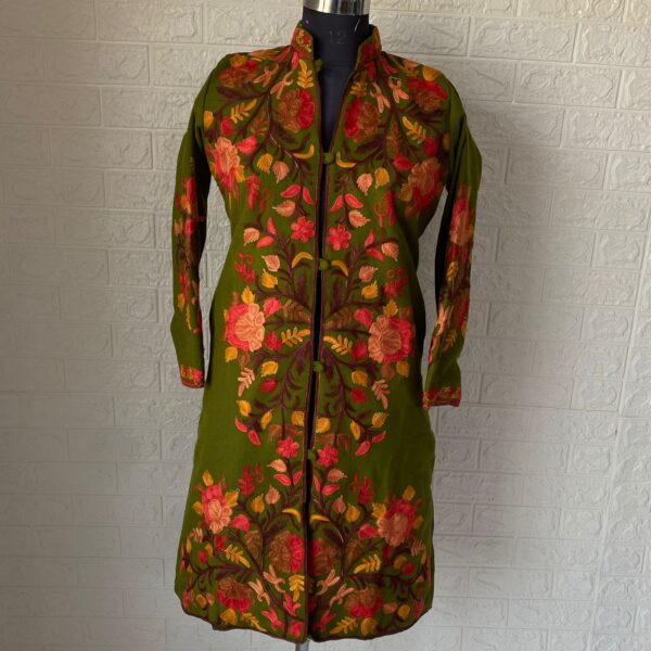 Green Kashmiri Long Coat with Floral Jaal Embroidery