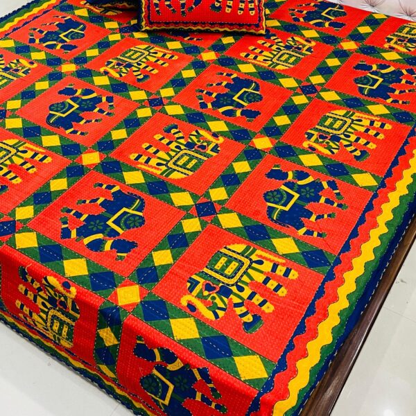Kantha Work Double King Size Bedsheet with 2 Zipped Pillow Cover