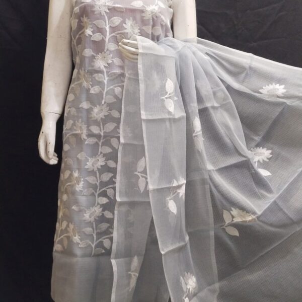 Grey Colore White Embroidery Work Dress Material