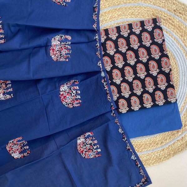 Premium Ajrakh Print Pure Cotton Unstitched Suit Set with Printed Appliqué Work Mul Dupatta