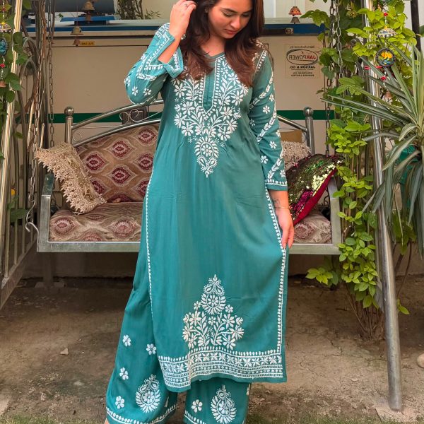 Lucknowi Chikankari Rayon Kurti Palazzo Set