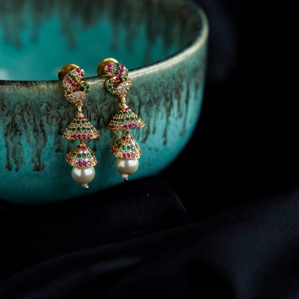 Saahiba Collection -  American Diamond Gold Plated Jhumka
