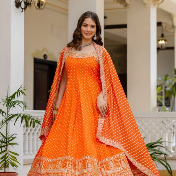 Bandhani Vichitra Silk with Real Mirror Handwork In Orange Colour