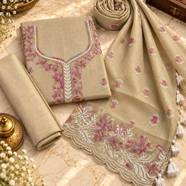 Pure Mal Chanderi Stripe Embroidery Neck Work Designer Suit Set