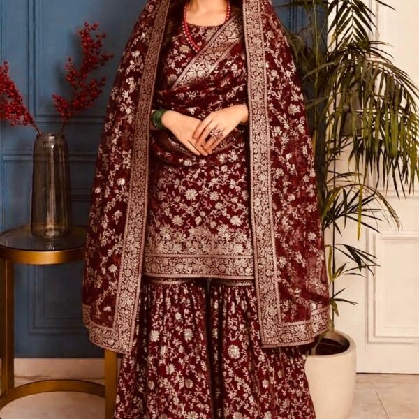 Silk Kundan Work Khimkhwab Fabric with Georgette Dupatta